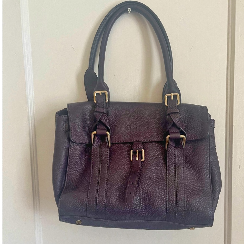 LK Bennett Dark Plum Leather Satchel with Gold Hardware
